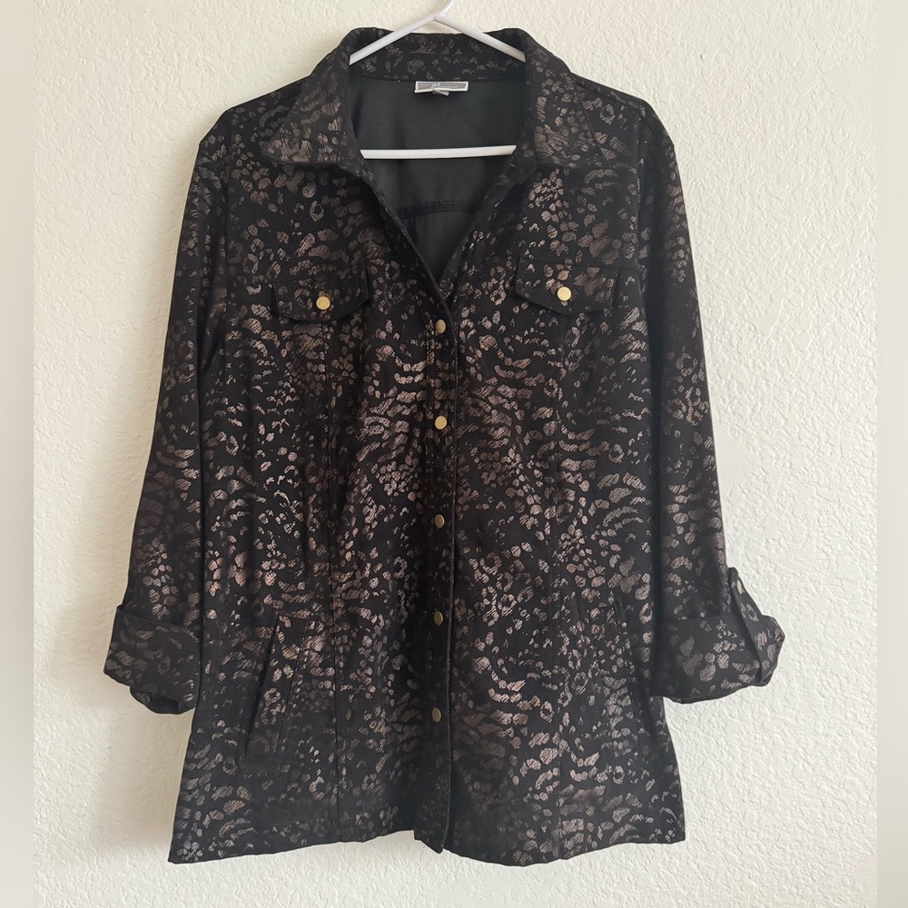JM Collection Black Button-Front Shirt with Metallic Gold Print